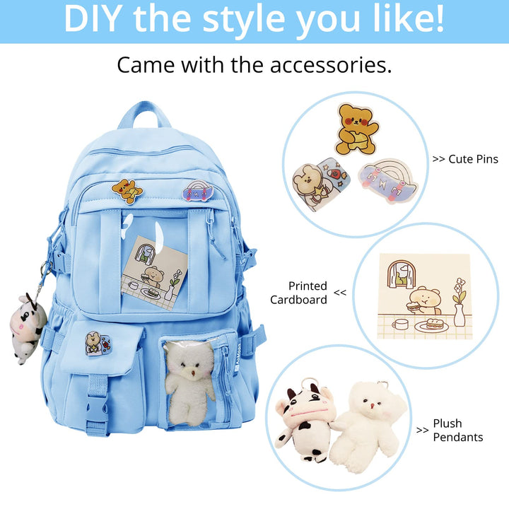 Kawaii Backpack Lovely Pastel Rucksack for Teen Girls Aesthetic Student Bookbags with Kawaii Pin and Cute Accessories (Light Blue-C)