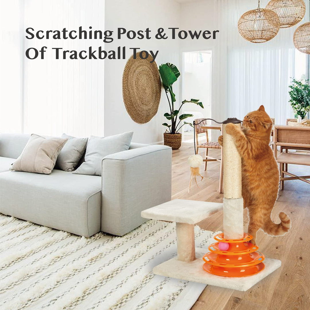 Cat Scratching Post Kitten Sisal Scratcher Tree with Tracks Toy Balls for Indoor Cats and Kittens - 25 inches
