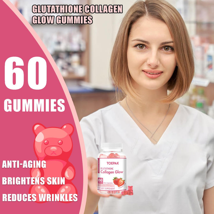 Multi Collagen Protein Glow Beauty Collagen Gummies, Women's Anti-Aging Support with Glutathione, Biotin & Multivitamins, Promotes Skin & Hair Health, Strawberry, 180 Gummies (90 Days)