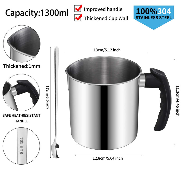 Candle Making Pouring Pot, 44oz Double Boiler Wax Melting Pot, 1pc Spoon, 304 Stainless Steel Candle Making Pitcher, Silver Color with Heat-Resistant Handle and Dripless Pouring Spout Design