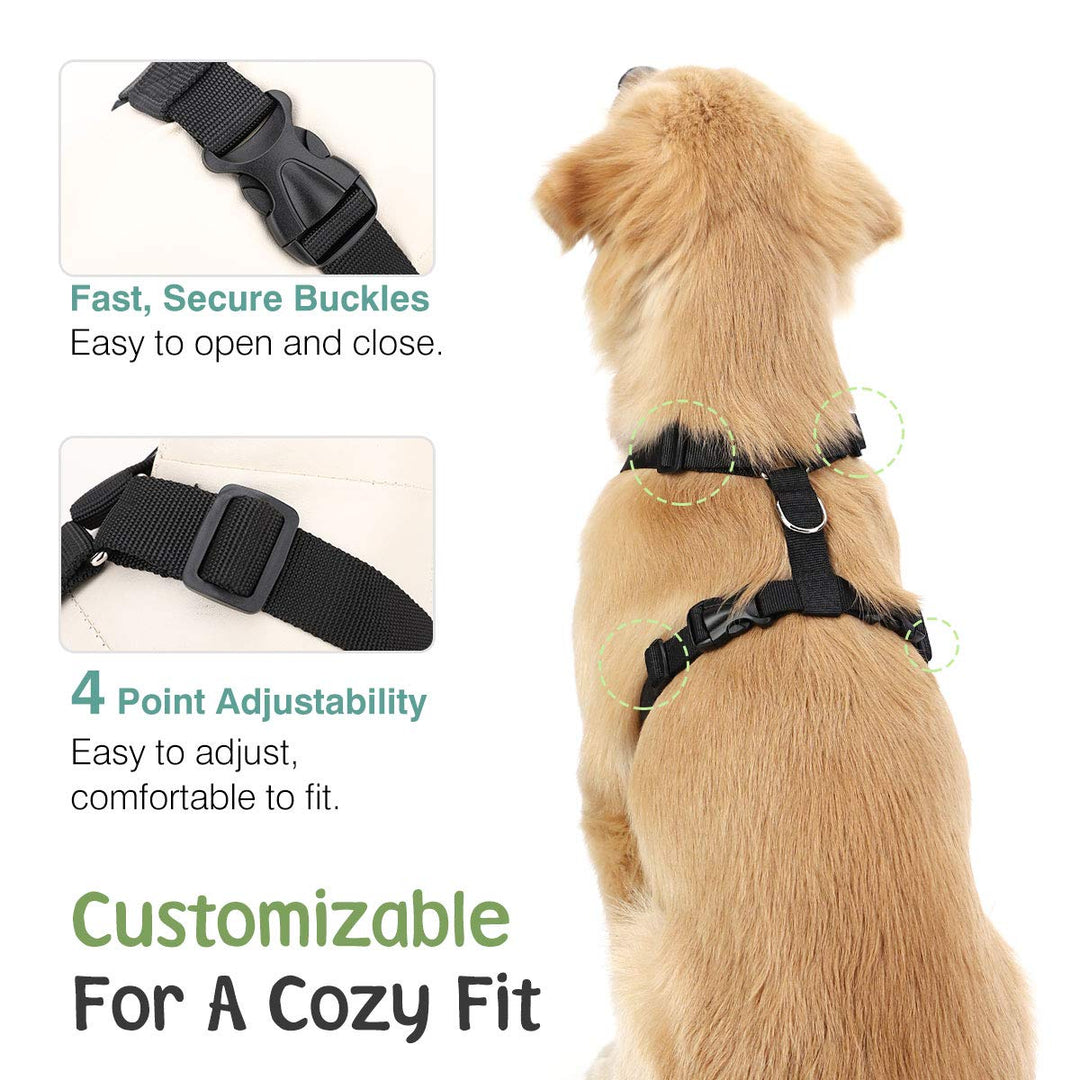 Dog Vehicle Safety Vest Harness, Adjustable Soft Padded Mesh Car Seat Belt Leash Harness with Travel Strap and Carabiner for Most Cars, Size Large, Black