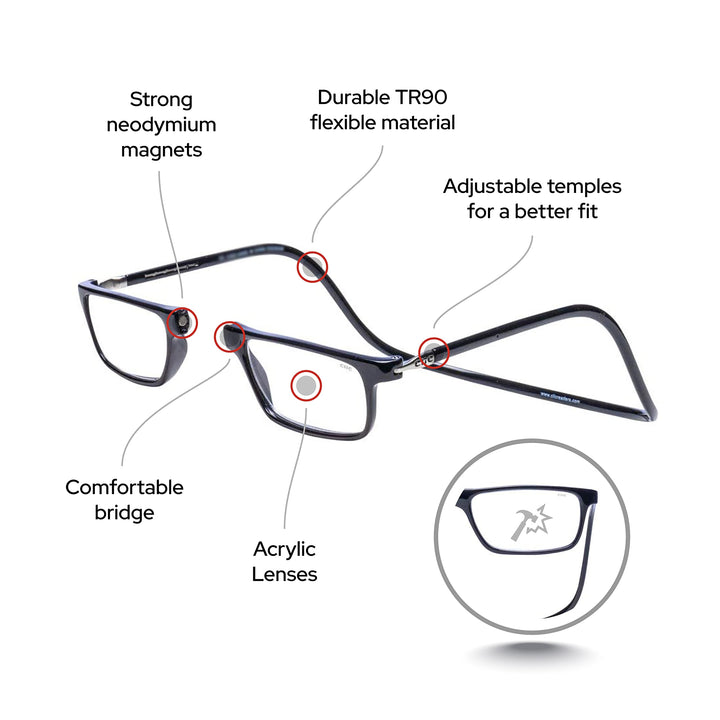 Magnetic Reading Glasses, Computer Readers, Replaceable Lens, Adjustable Temples, Executive, (M-XL, Black, 2.00 Magnification)
