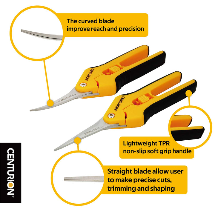 201 Hand Pruner Pruning Shear Straight & Upward Curved Stainless Steel Blade Precision Snip (Yellow, 6.5 Inch, Set of 2)