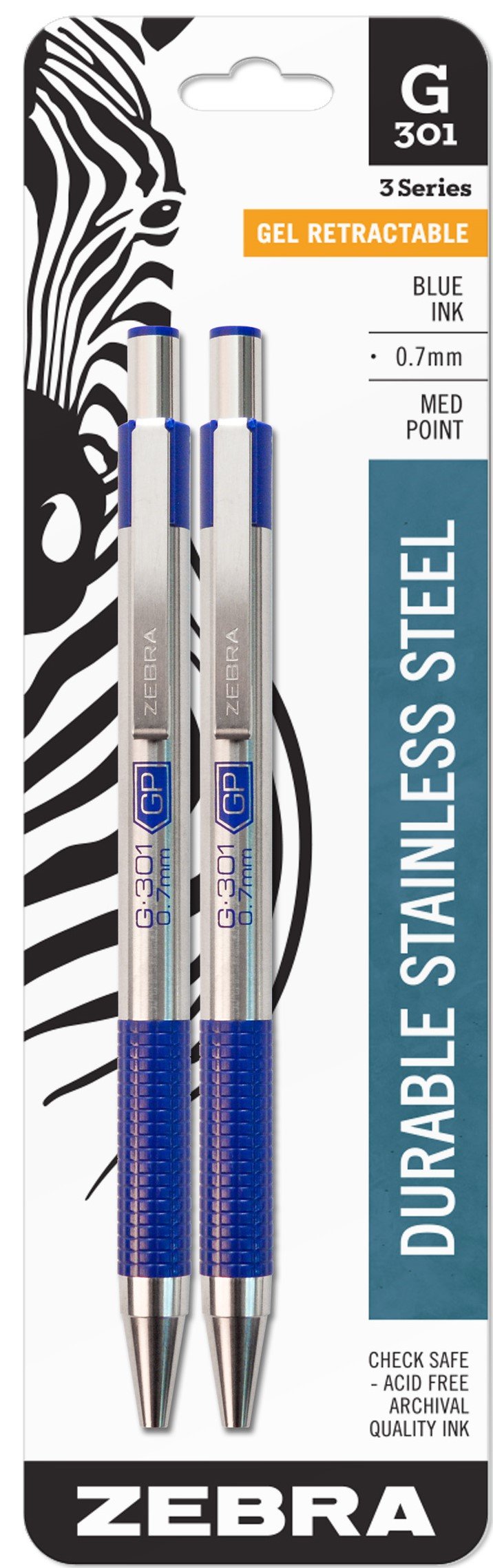 G-301 Stainless Steel Retractable Gel Pen, Medium Point, 0.7mm, Blue Ink, 2-Count, 2 Pack (41322)
