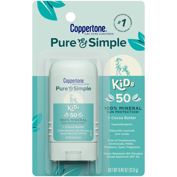 Pure and Simple Kids Sunscreen Stick SPF 50, Zinc Oxide Mineral Sunscreen Stick for Kids, Tear Free, Water Resistant, Broad Spectrum SPF 50 Sunscreen, 0.49 Oz Stick
