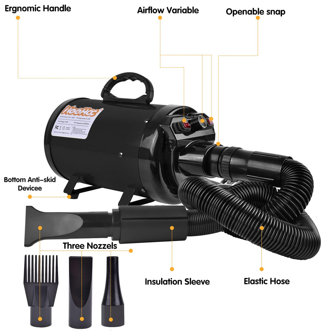 Dog Dryer, High Velocity Dog Hair Dryer, Dog Blow Dryer - Groomer Partner Pet Blower Grooming Force Dryer with Heater, Stepless Adjustable Speed, 4 Different Nozzles, Comb & Pet Grooming Glove (Black)