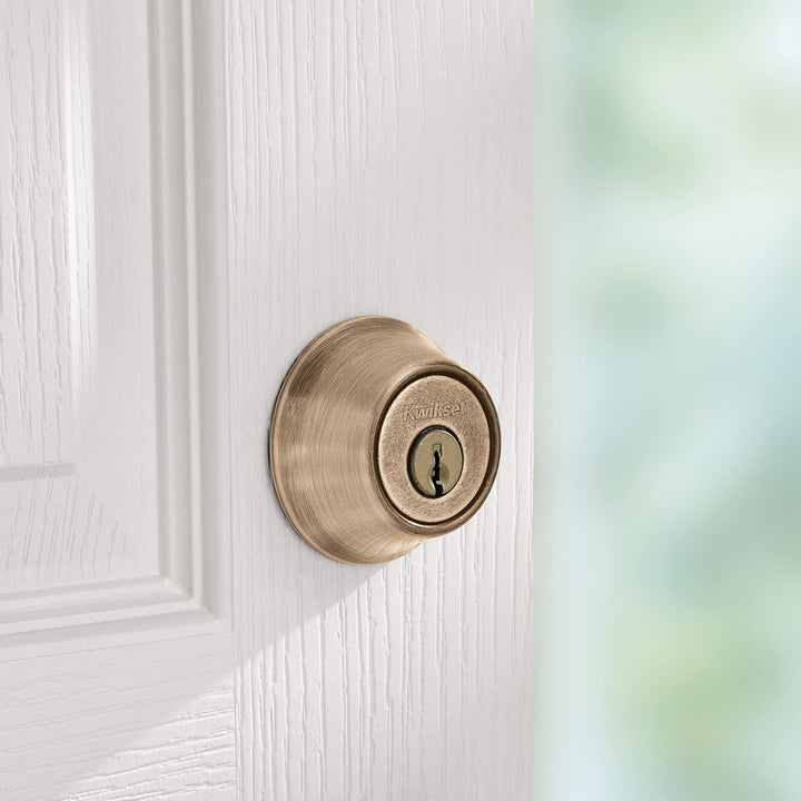 660 Deadbolt Deadbolt Lock, Antique Brass Round Exterior Keyed Front Entry Door, Single Cylinder Dead Bolt, with Microban Protection