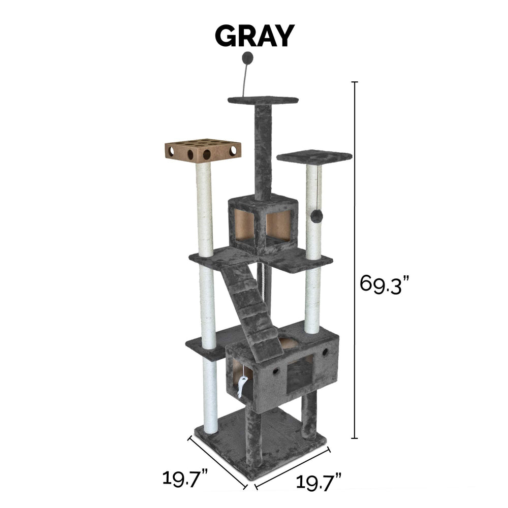 69.3 Tall Cat Tree for Indoor Cats, Ft. Sisal Scratching Posts, 2x Cat Condos, & Toys - Tiger Tough Double Decker Interactive Playground Tower - Silver Gray, One Size