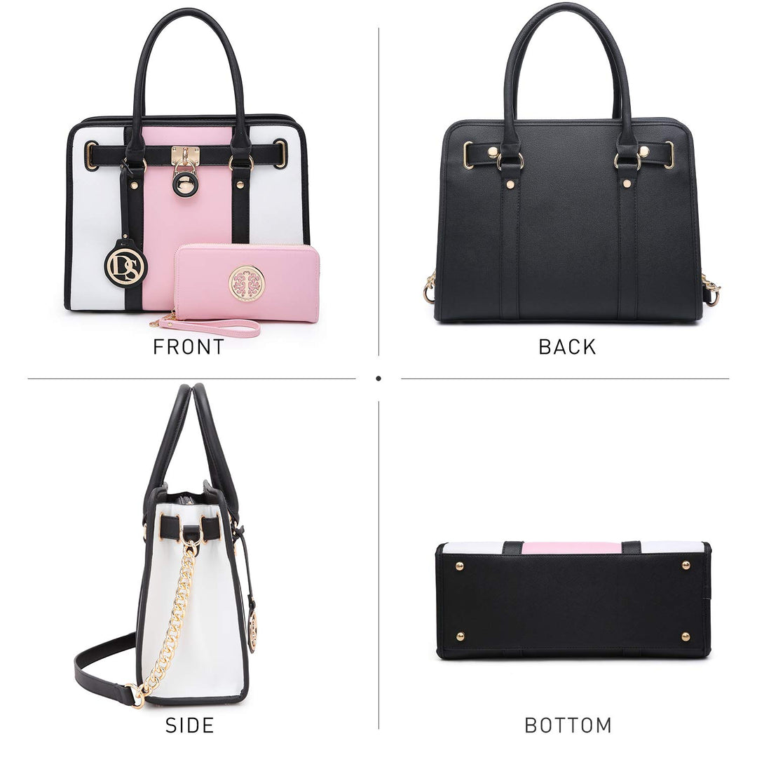 Two Tone Satchel Handbags Purses for Women Vegan Leather Shoulder Bags Large Tote Bag with Matching Wallet/Chain Strap