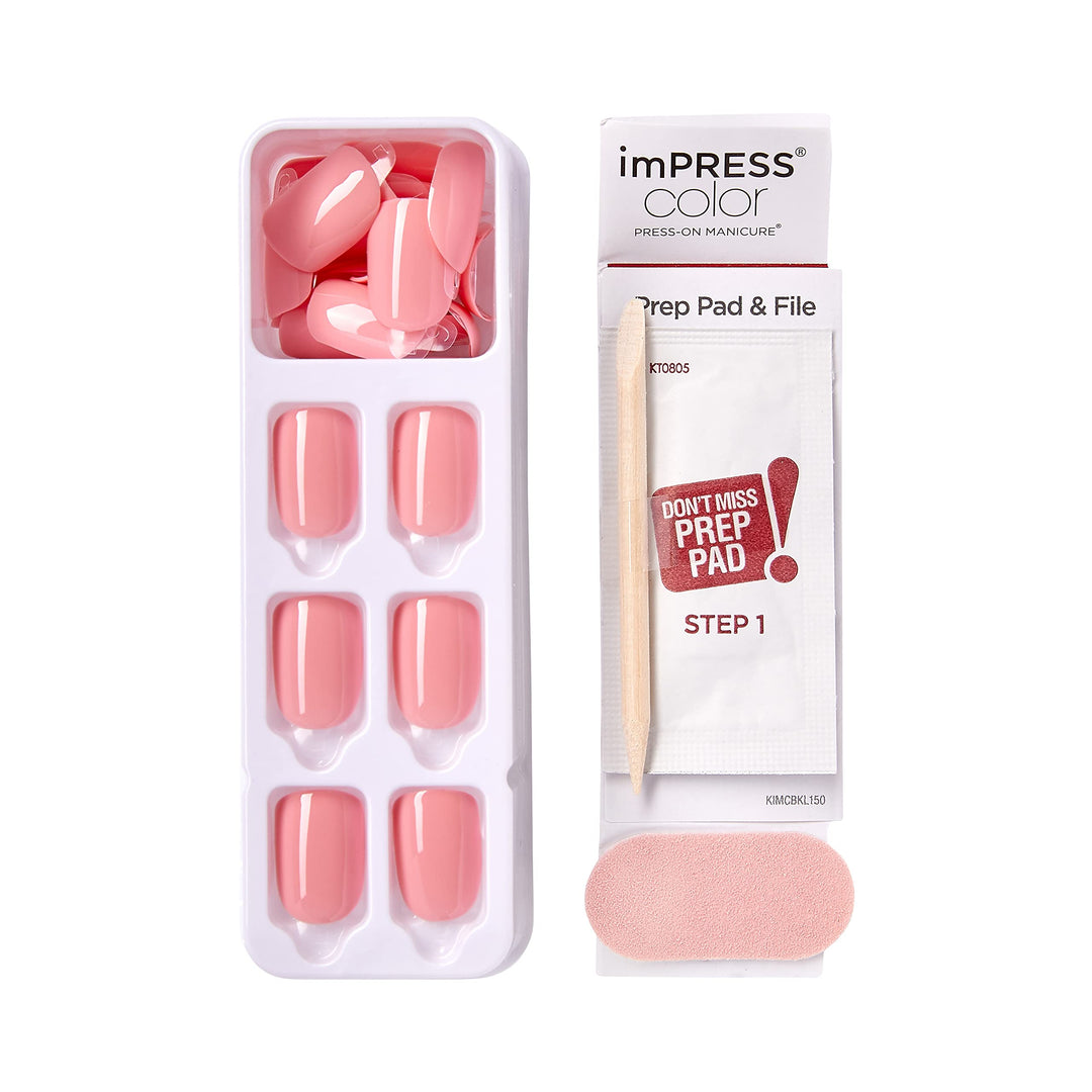 KISS No Glue Mani Press On Nails, Color, 'Pretty Pink', Pink, Short Size, Squoval Shape, Includes 30 Nails, Prep Pad, Instructions Sheet, 1 Manicure Stick, 1 Mini File