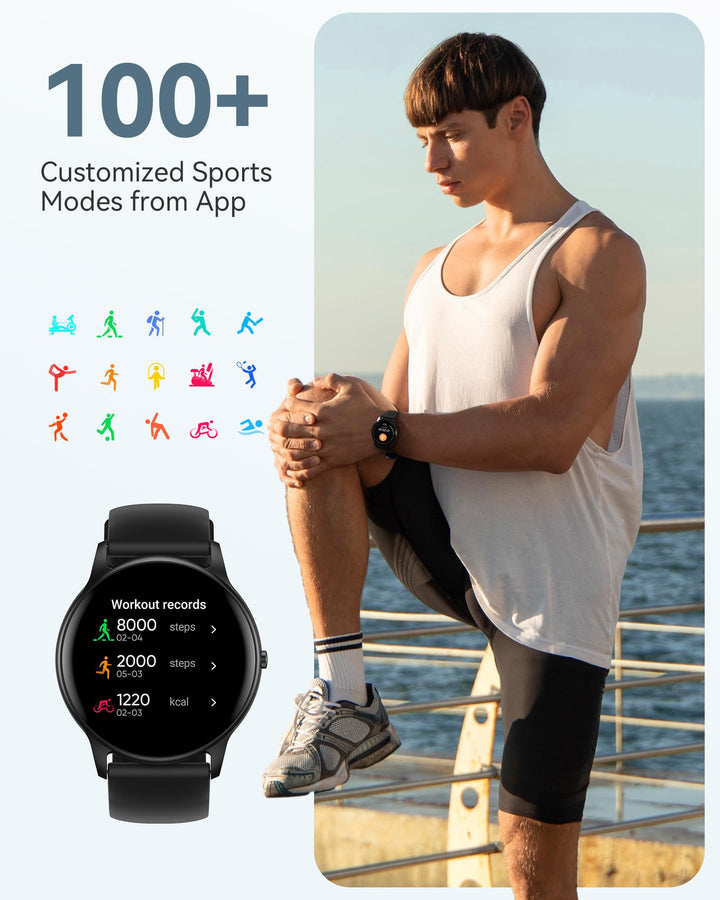 Smart Watch for Women Men, 5ATM Waterproof Smartwatch for Android and iOS Phones, Fitness Tracker Watch with 100+ Sports Modes, Heart Rate Monitor Pedometer Sleep Monitor, Black