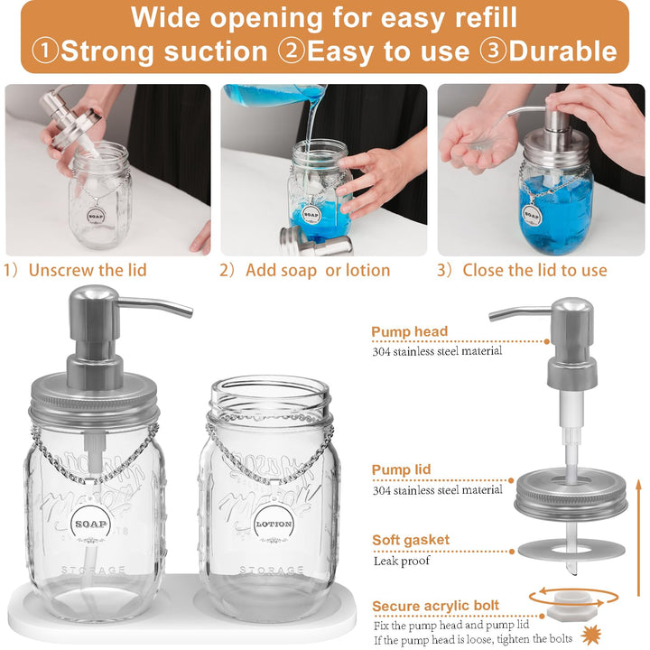 Mason Jar Soap Dispenser Set with 16 Ounce Mason Jar, Non-Slip Coaster, Made from Rust Proof Stainless Steel, Soap Labels-Silver