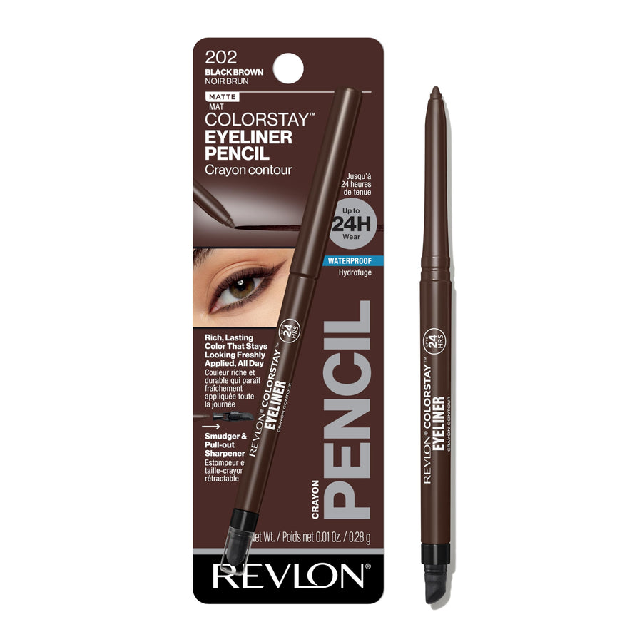 Revlon ColorStay Pencil Waterproof Eyeliner, Valentine's Day Makeup Gifts for Women, Built-In Sharpener, Waterproof, Smudge-proof, Longwearing with Ultra-Fine Tip, 202 Black Brown, 0.01 oz