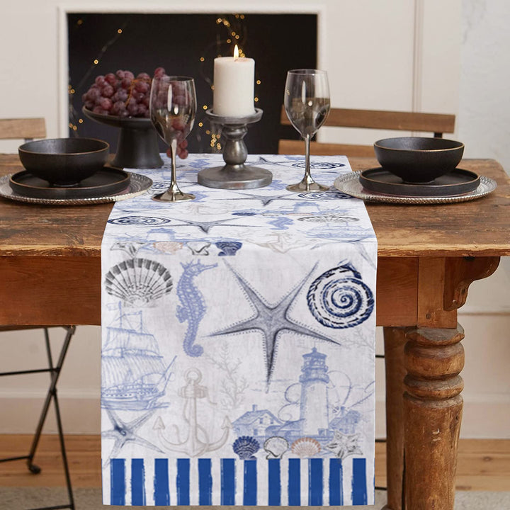 13 x 70 inches Table Runner Cotton-Polyester Blend, Ocean Marine Theme Nautical Sea Animals Retro Blue Table Runner for Table Decorations, Indoor Outdoor Parties, Farmhouse & Family Gathering, 1 Pack