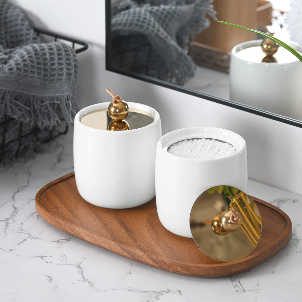 2 Pack Ceramic Qtip Holder Dispenser with Gold Lids , White Apothecary Jars Bathroom Vanity Organizer - Bathroom Canister for Cotton Swabs, Rounds, Balls, Makeup Sponges, Bath Salts