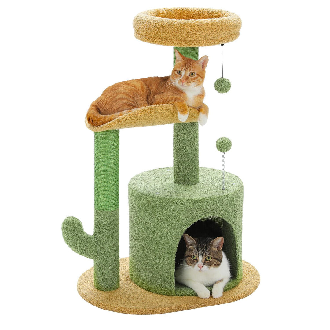 Cactus Cat Tree Small Cat Tower 32” Cat Scratching Post with Curved Perch, Cozy Cat Condo, Removable Padded Top Bed for Kittens and Indoor Cats-Green