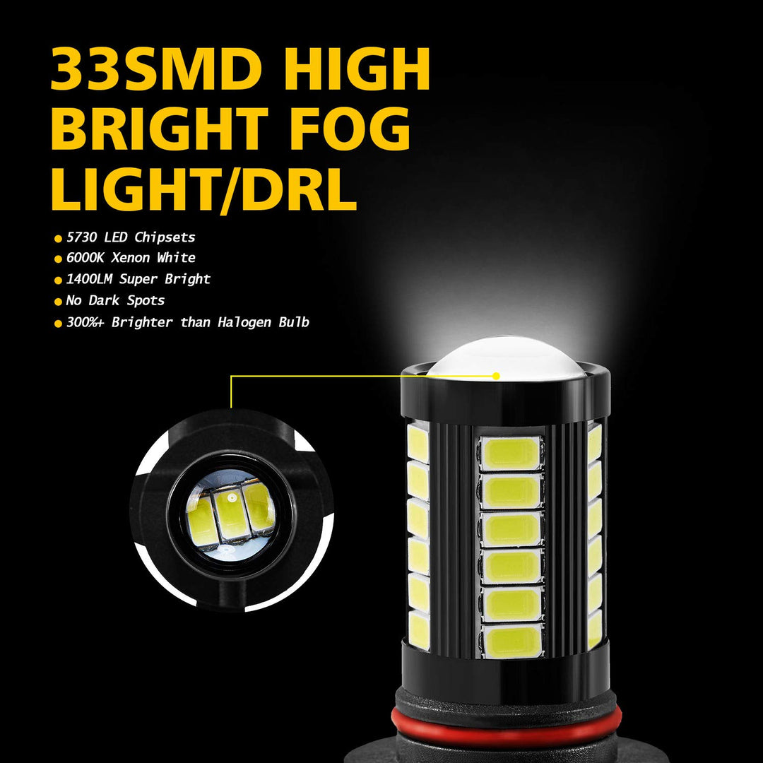 9006 HB4 9006LL 9006XS LED Fog Light Bulbs 6000K Xenon White, Super Bright 2800 Lumens 33-SMD Chips LED Daytime Running Lights DRL Bulbs Replacement for Cars, Trucks (Pack of 2)