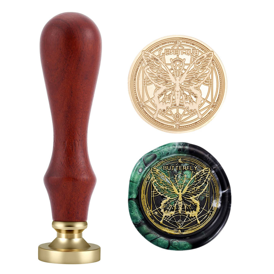 Butterfly Wax Seal Stamp, Vintage Brass Head Wooden Handle Sealing Stamp for Christmas Halloween Wedding Party Invitations
