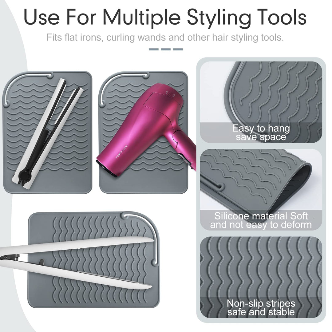 Heat Resistant Straightener Pad 3 Pcs 8.6 x 6.2 Inch Travel Silicone Heat Resistant Mat Heat Mat for Curling Iron Straightener Holder Flat Iron Mat for Hot Hair Dryer Salon Tools (Gray)