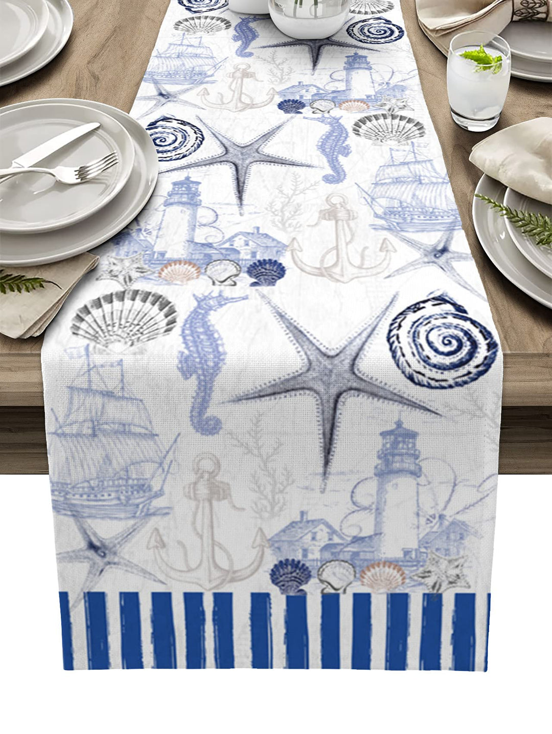 13 x 70 inches Table Runner Cotton-Polyester Blend, Ocean Marine Theme Nautical Sea Animals Retro Blue Table Runner for Table Decorations, Indoor Outdoor Parties, Farmhouse & Family Gathering, 1 Pack