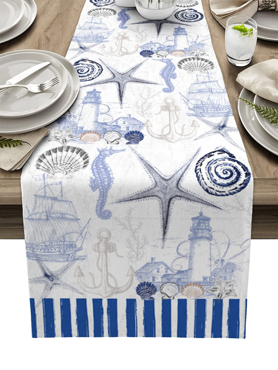 13 x 70 inches Table Runner Cotton-Polyester Blend, Ocean Marine Theme Nautical Sea Animals Retro Blue Table Runner for Table Decorations, Indoor Outdoor Parties, Farmhouse & Family Gathering, 1 Pack