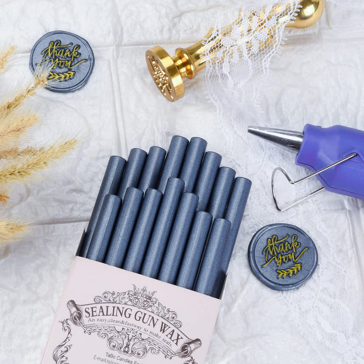 16 Pcs Hot Melt Glue Wax Sticks Steel Blue Color for Mini Glue Gun, Make Wax Seals for Wedding Invitations, Thank You Cards, Envelopes, Gift Wrapping