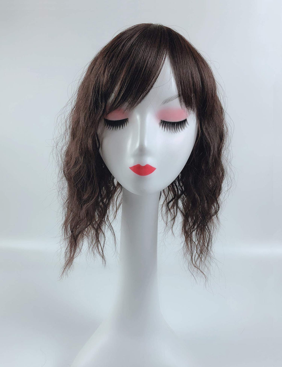 Water Wavy Hair Forehead Piece Clip in Middle Part Topper with Choppy Fringe Thin/35cm, Dark Brown