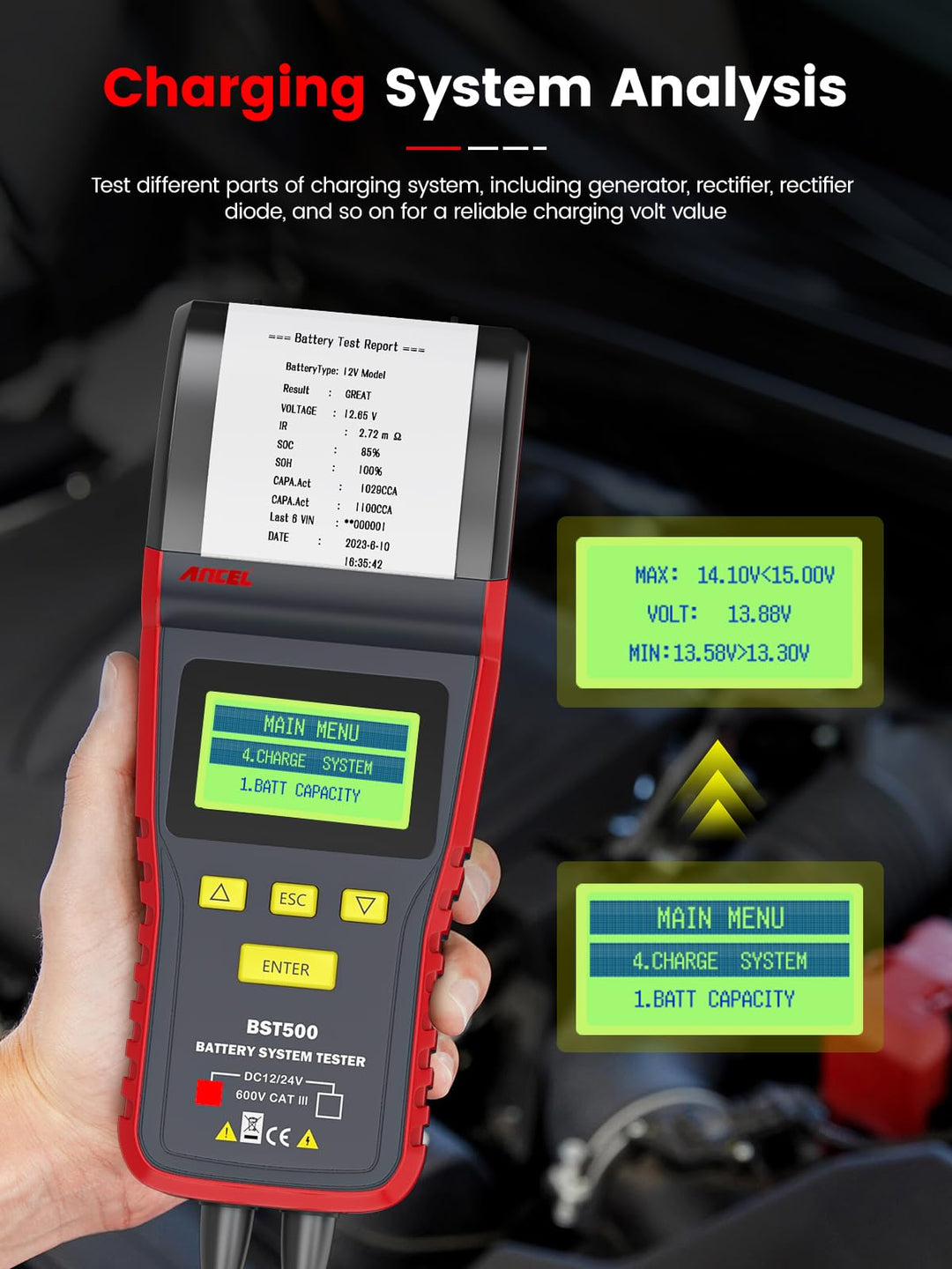 BST500 Battery Tester with Printer, 12V 24V Car Battery Load Tester Automotive, 99% Accuracy Auto Battery Analyzer Tester, Cranking Charging System Test Tool for Car Heavy Duty Truck SUV ATV RV