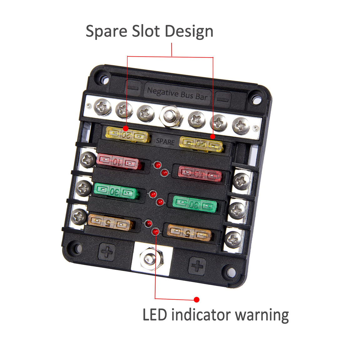 Fuse Block, 6 Way Fuse Panel with 36pcs Fuse Blades Fuse Box w/Negative Bus LED Warning Indicator for Boat Marine Car Auto (6 Circuit)