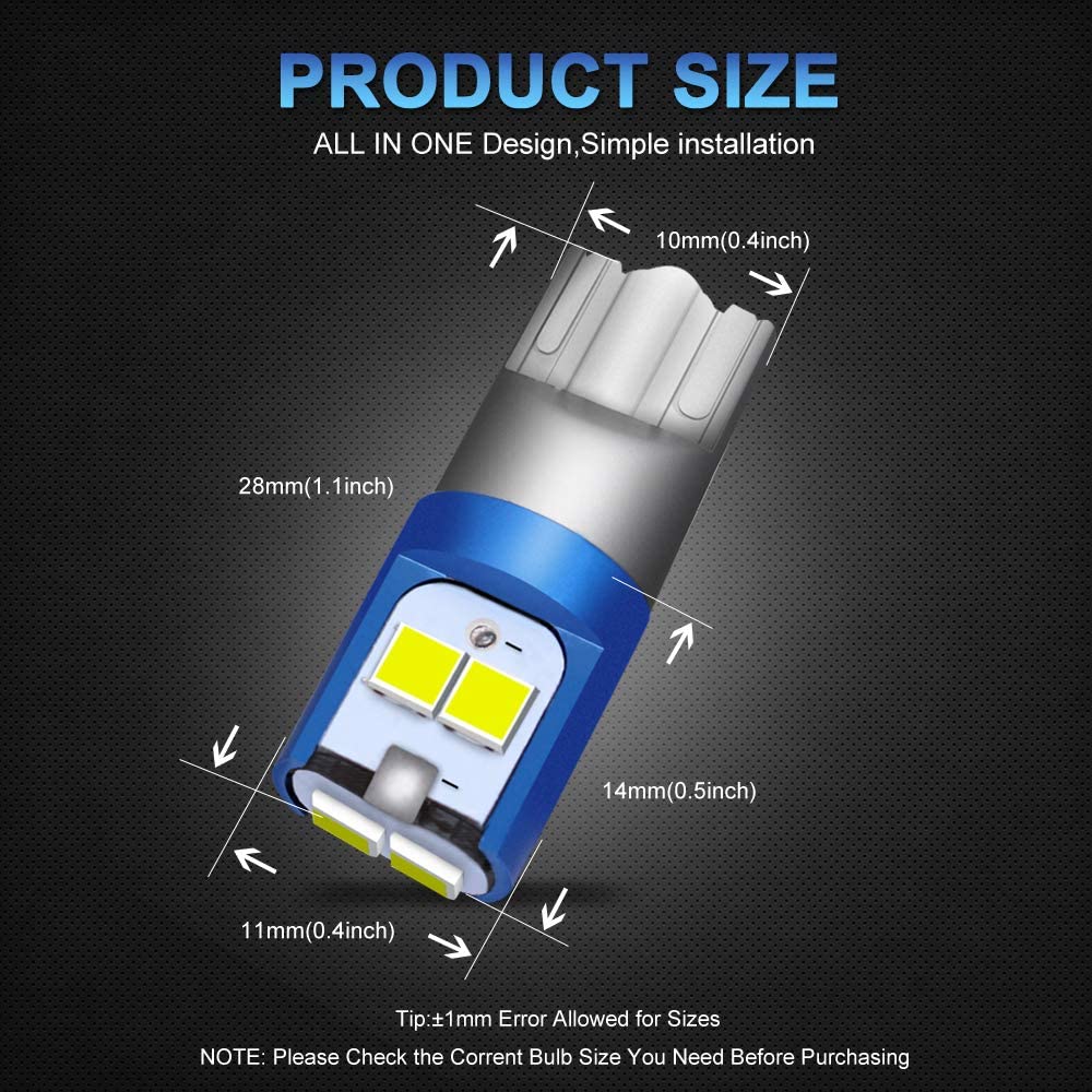 194 LED Light Bulb 6000K White 168 2825 W5W T10 Wedge 6-SMD 3030 Chipsets LED Replacement Bulbs Error Free for Car Dome Map Door Courtesy License Plate Lights, Pack of 5