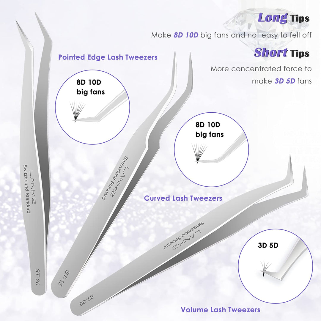 Eyelash Extension Tweezers Set 5 PCS for Volume Lash Extensions Stainless Steel Straight and Curved Tips Eyelash Tweezers for Extensions Isolation Fanning Applicator -Silver