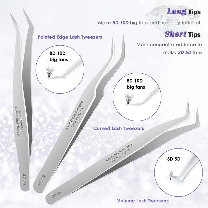 Eyelash Extension Tweezers Set 5 PCS for Volume Lash Extensions Stainless Steel Straight and Curved Tips Eyelash Tweezers for Extensions Isolation Fanning Applicator -Silver