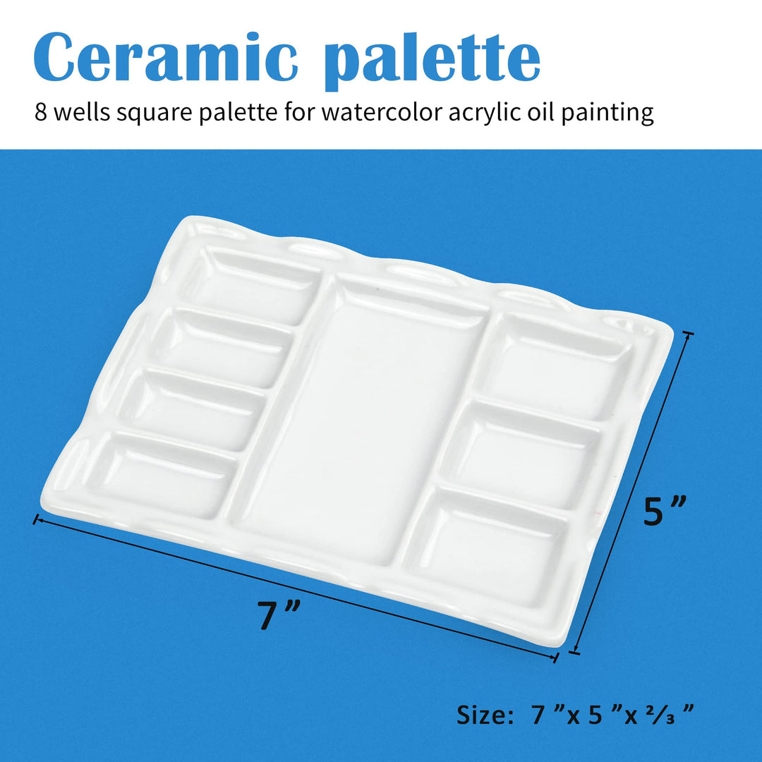 Artist Ceramic Palette, 8 Well Rectangle Porcelain Watercolor Paint Palette for Watercolor Gouache Acrylic Oil Painting, 7-Inch