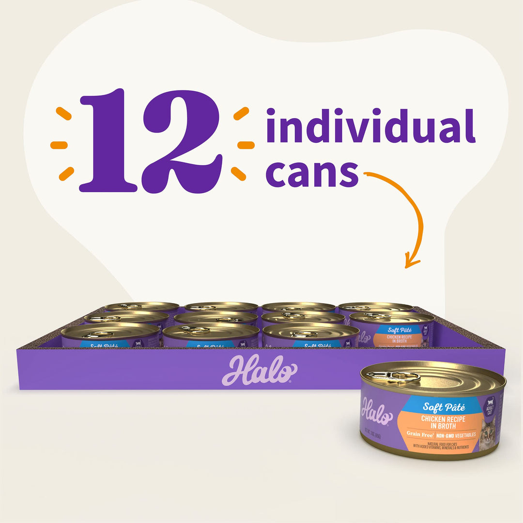 Adult Grain Free Wet Cat Food Soft Pate, Chicken Recipe in Broth, Healthy Cat Food with Real, Whole Chicken, 3 oz Can (Pack of 12) (Packaging May Vary)