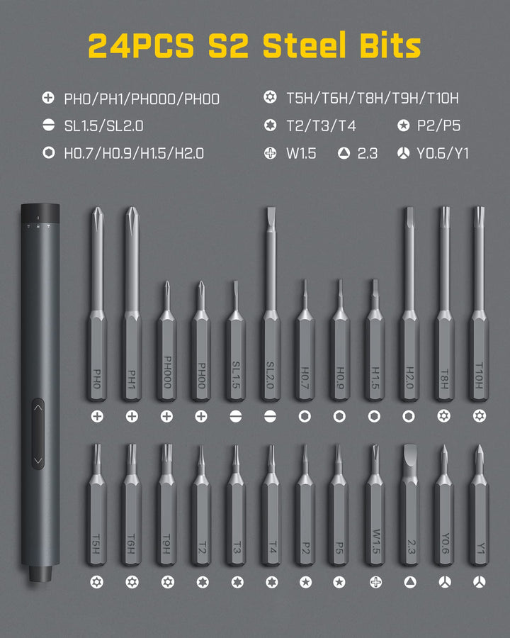E1 Pro 3.7V Mini Electric Screwdriver, Precision Screwdriver Set with 24 Magnetic Bits, Max. 3 N.m, Magnetic Storage, 5/32''Hex, Repair Tool Set for Phone Camera Laptop Watch