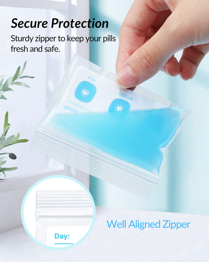 Pill Bags for Travel, Reusable Pill Pouches BPA Free 2.75 x 3.54, Daily Medicine Bags with XL Capacity for 24 Fish Oils, Vitamin Organizer with Customizable Write-on Area (100 Count)