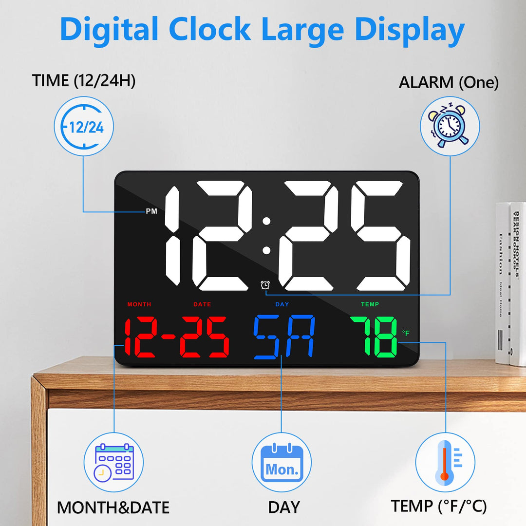 Digital Wall Clock,11.5 LED Digital Alarm Clock Large Display,with Remote Control,Adjustable Brightness, Calendar, Temperature, Snooze, 12/24 H, for Living Room, Office, Bedroom, Elderly, Adults