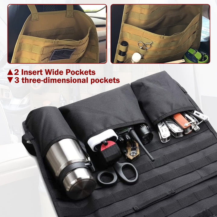 Car Seat Back Organizer, Universal Tactical Molle Vehicle Panel Cover Protector with Multiple Pockets for Truck SUV MPV Saloon Van(Single-Black)
