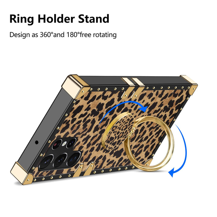 for Galaxy S22 Ultra Square Case with Kickstand Ring Stand Holder Luxury Retro Case for Women Girls Metal Edges Shockproof Protective Cover for Samsung Galaxy S22 Ultra 6.8'' Leopard