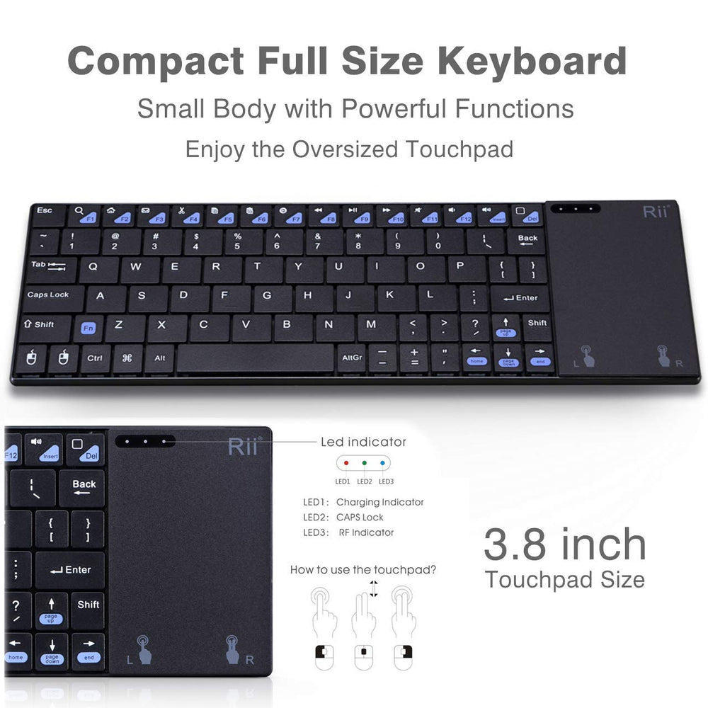 K12+ Mini Wireless Keyboard with Large Touchpad Mouse&Qwerty Keypad, Stainless Steel Portable Wireless Keyboard with USB Receiver for MacBook/iPad/Tablet/PC/Laptop/Smart TV/Raspberry Pi - Black