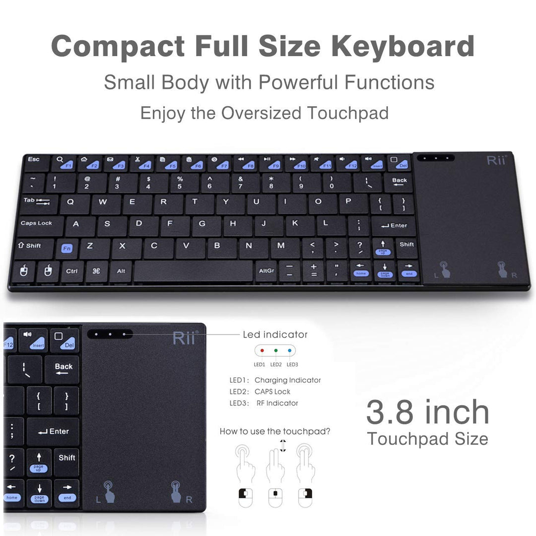 K12+ Mini Wireless Keyboard with Large Touchpad Mouse&Qwerty Keypad, Stainless Steel Portable Wireless Keyboard with USB Receiver for MacBook/iPad/Tablet/PC/Laptop/Smart TV/Raspberry Pi - Black