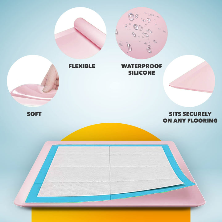 TidyFriend Pee Pad Holder Tray 24 x 24 Inches, Silicone Dog Potty Tray, Easy to Clean No Spill Dog Potty Training Pad Holder (Rose)