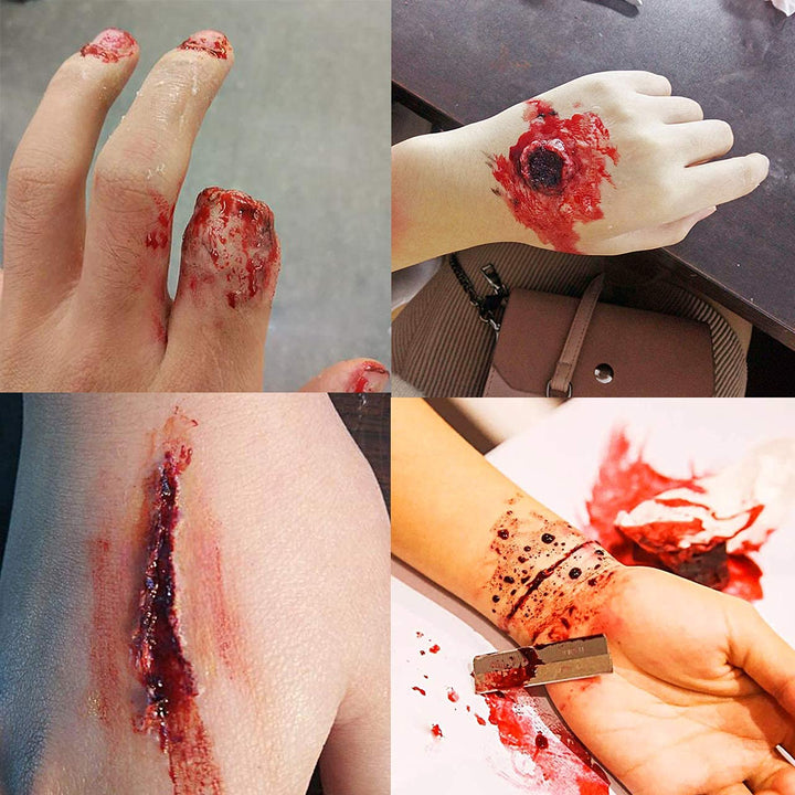 SFX Makeup Kit Scars Wax, Fake Blood Spray(2.1Oz) Halloween Special Effect Wound Modeling Skin Wax(1.67Oz) with Spatula, Black Stipple Sponge, Coagulated Blood Gel(1.06Oz),5ml Castor Sealer,02