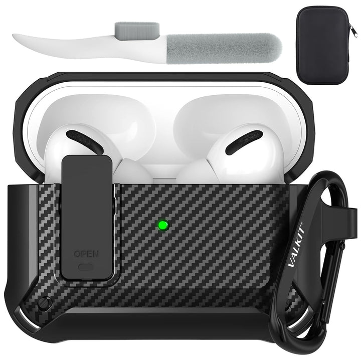 Valkit Compatible Airpods Pro Case with Lock Clip, Carbon Fiber Texture Air Pod Pro Case Cover with Keychain for Men Women Cool AirPod Pro Shockproof Protective Case for AirPods Pro 2019, Black