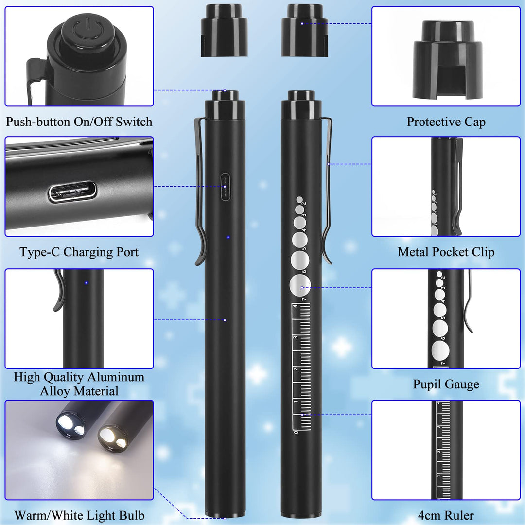 Rechargeable Pen Light with Pupil Gauge LED Penlights for Nurses Doctors, Warm/White Light, USB Rechargeable Medical Penlight Gifts for Nurses Nursing Student (Black)