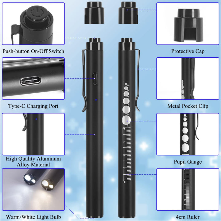 Rechargeable Pen Light with Pupil Gauge LED Penlights for Nurses Doctors, Warm/White Light, USB Rechargeable Medical Penlight Gifts for Nurses Nursing Student (Black)