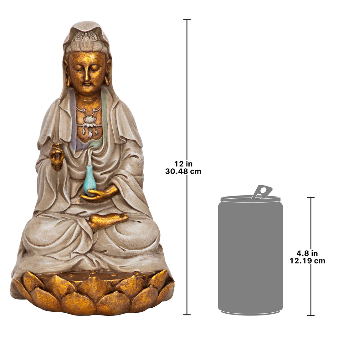 EU1017 Guan-Yin Patroness of Compassion Seated on Lotus Asian Decor Indoor/Outdoor Garden Statue, 7 inches wide, 12 inches tall, Handcast Polyresin, Faux Stone & Metallic Finish