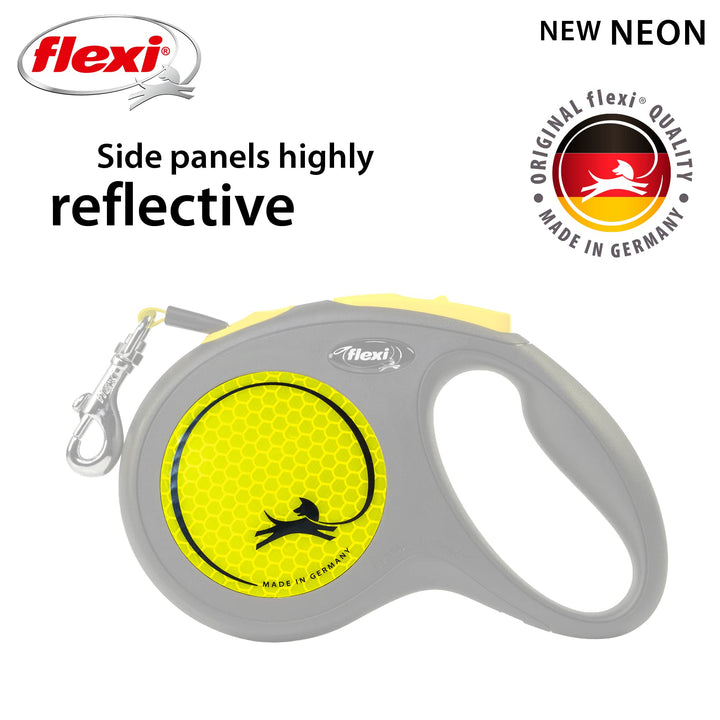 New Neon Tape Retractable Dog Leashes for Medium Dogs Upto 55 lbs. – 16 ft., Neon Yellow/Black | Tangle Free Pet Walking Leash with One-Handed Brake, Pause, Lock|German Quality Product