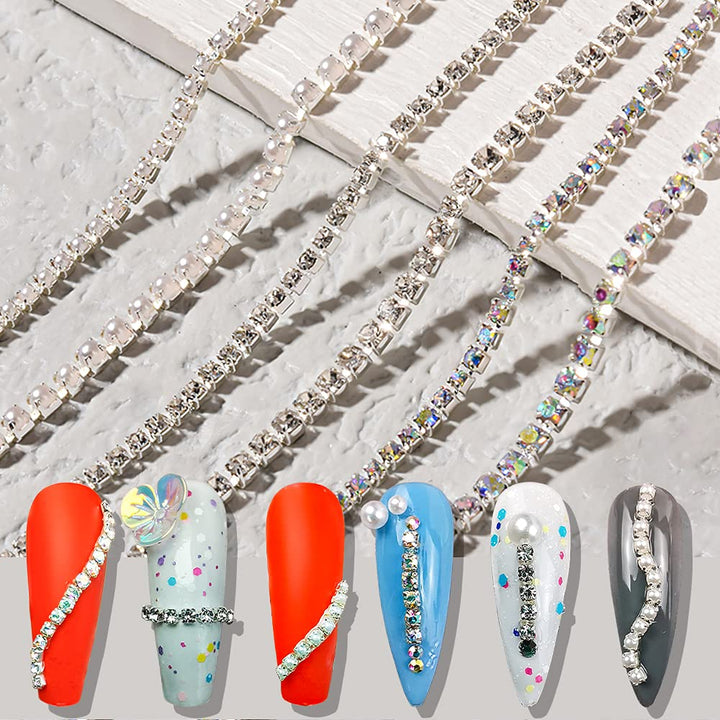 3D AB Rhinestone Chain Nail Art Studs Crystal Diamond Chain Pearl Chain Nail Decoration Metallic Chains Alloy Punk Pendant Ornaments for Nail Art Decoration & DIY Crafting Design (6 Pcs)