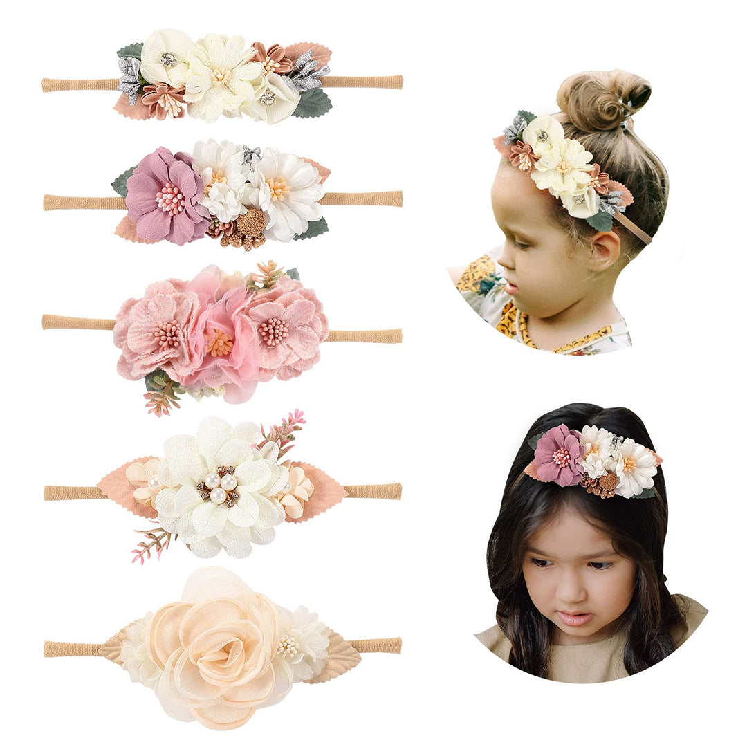 5 Pack White Pink Delicate Rose Flower Nylon Headbands Floral Hair Bows Daisy Flowers Headband Elastic Hair Bands Easter Christmas Hair Accessories for Baby Girls Newborns Infants Toddlers Kids